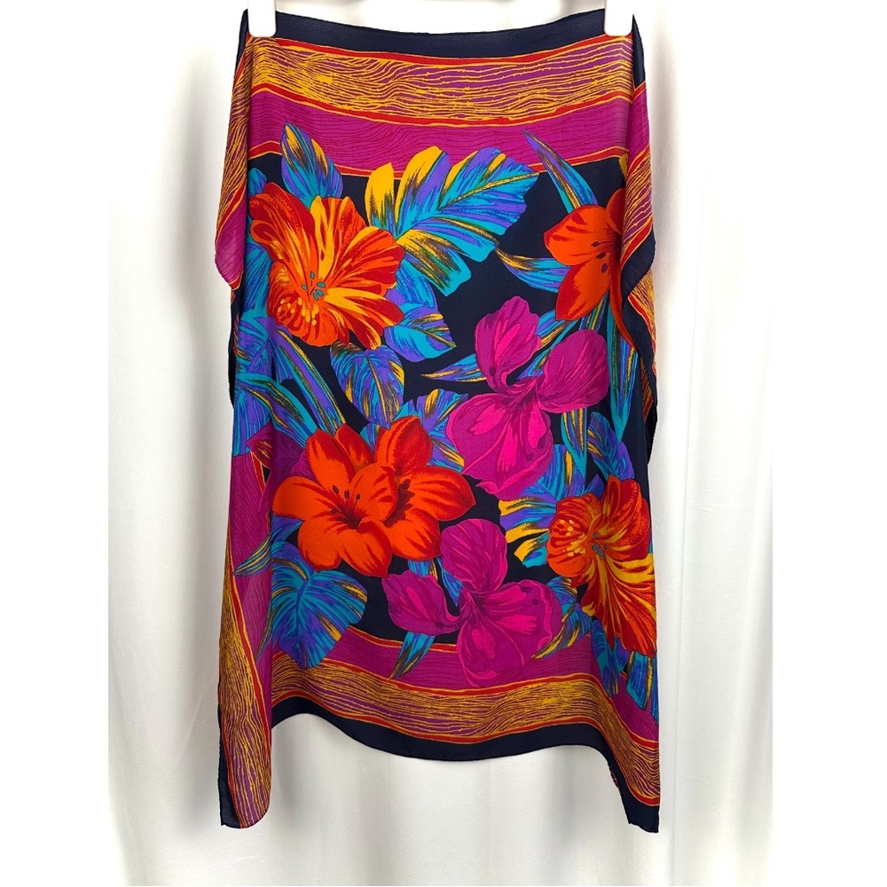 Vintage Colorful Tropical Print Floral Large Square Scarf • Orange • Pink • Blue